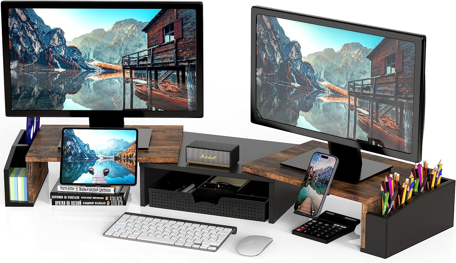 Dual Monitor Stand Riser Adjus - đánh giá và giá Monitor Riser Wood